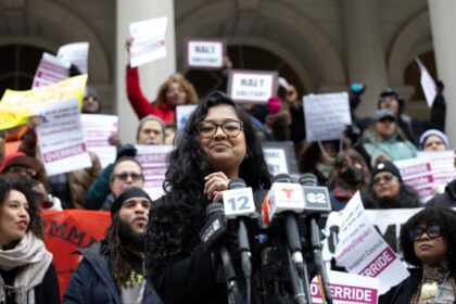 NYC City Council Member Shahana Hanif is speaking at a rally at New York's City Hall in New York City, United States, on January 30, 2024.