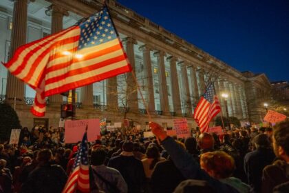 An anti-DOGE protest outside the US Treasury building in February