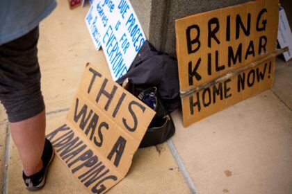 Signs are left on the ground including two that read “This was a kidnapping” and “Bring Kilmar home now!” as protesters break outside the US District Court for the District of Maryland on May 16, 2025, in Greenbelt, Maryland. Protesters rallied outside the court during a hearing for a Maryland resident from El Salvador, Kilmar Abrego Garcia, who was detained in a notoriously violent maximum-security prison in El Salvador.