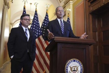 FILE—In a show of Republican unity, Speaker of the House Mike Johnson, R-La., left, and Senate Majority Leader John Thune, R-S.D., make statements to reporters ahead of vote in the House to pass a bill on President Donald Trump's top domestic priorities of spending reductions and tax breaks, at the Capitol in Washington, Thursday, April 10, 2025. Now that the bill has passed the House, Thune and Senate Republicans can afford to lose only three Republican senators and still pass the Trump's spending plan. (AP Photo/J. Scott Applewhite, File)